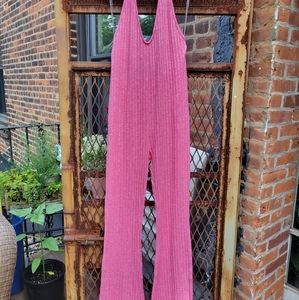 Pink deep V cotton on halter jumpsuit